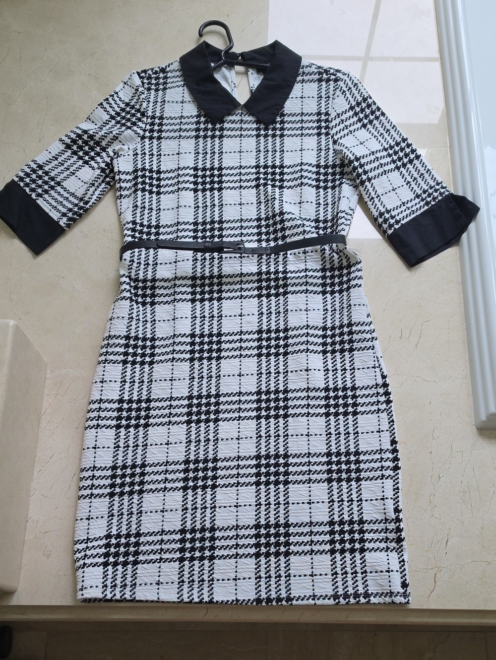 Tacera Black and White Plaid Midi Dress with Contrast Collar